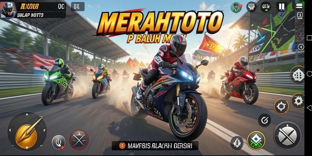 Tampilan gameplay <strong>MERAHTOTO</strong> saat berlomba motor di lintasan menantang.