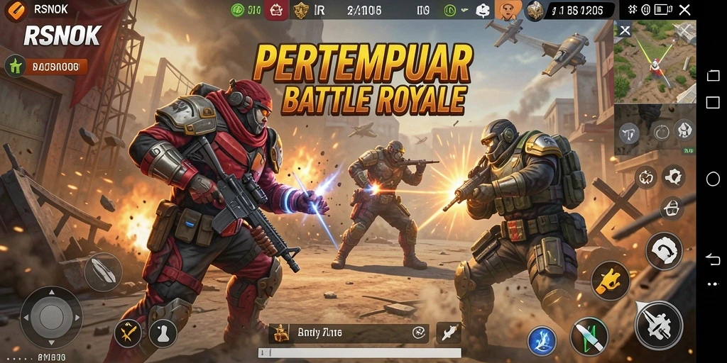 Screenshot dari gameplay RSNOK menampilkan aksi seru dalam pertempuran Battle Royale.